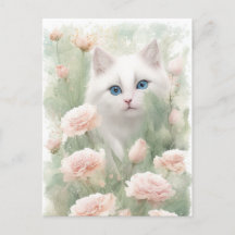 Witte kat en roze bloemen
