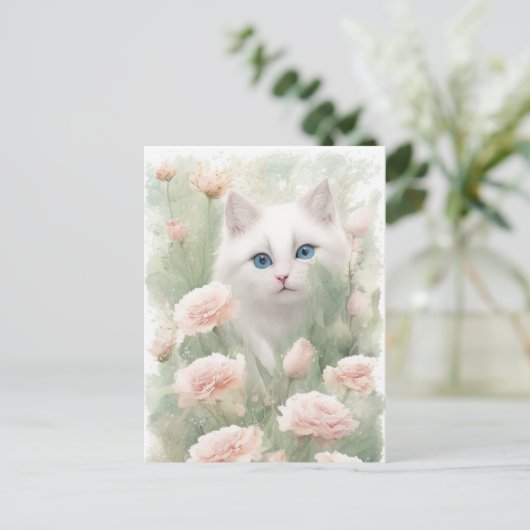 Witte kat en roze bloemen briefkaart (Staand voorkant)