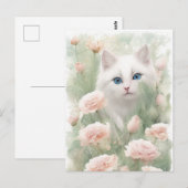 Witte kat en roze bloemen briefkaart (Voorkant / Achterkant)