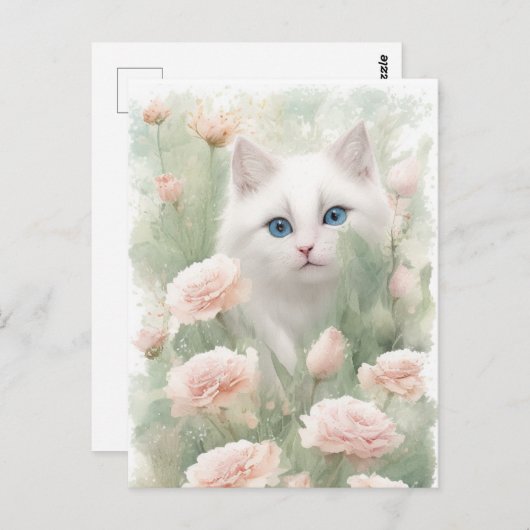 Witte kat en roze bloemen briefkaart (Voorkant / Achterkant)