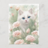 Witte kat en roze bloemen briefkaart (Voorkant)