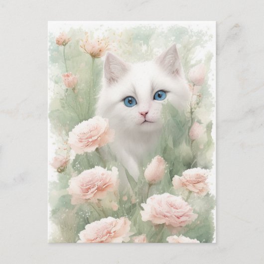 Witte kat en roze bloemen briefkaart (Voorkant)