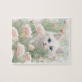Witte kat en roze bloemen legpuzzel (Horizontaal)
