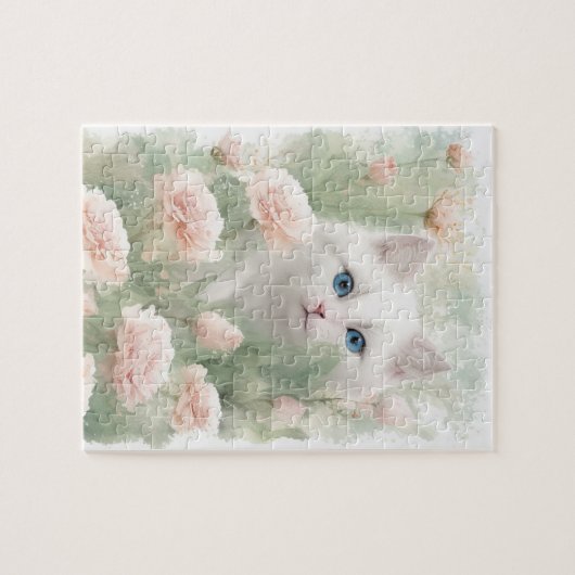 Witte kat en roze bloemen legpuzzel (Horizontaal)