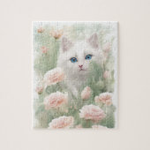 Witte kat en roze bloemen legpuzzel (Verticaal)