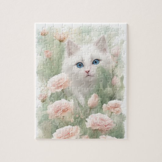 Witte kat en roze bloemen legpuzzel (Verticaal)