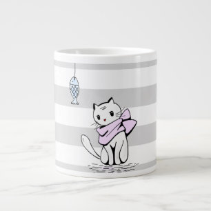 Witte kat en vis grote koffiekop