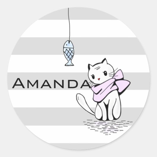 Witte kat en vis ronde sticker (Voorkant)