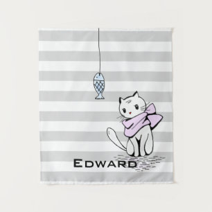 Witte kat en vis wandkleed