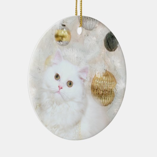 Witte kat en witte kerstboom keramisch ornament (Rechts)