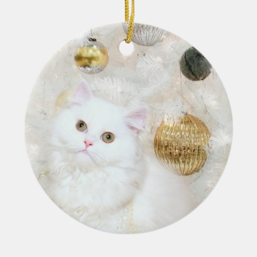 Witte kat en witte kerstboom keramisch ornament (Voorkant)