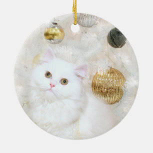 Witte kat en witte kerstboom keramisch ornament