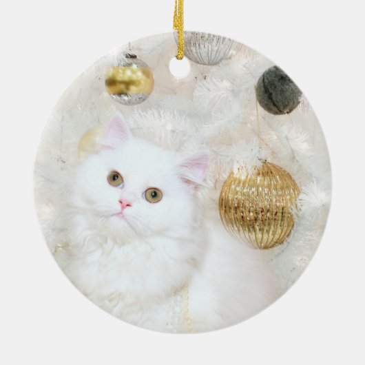 Witte kat en witte kerstboom keramisch ornament (Achterkant)