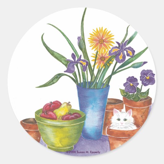 Witte Kat Fruit Flowers Waterverf "Liliana" Ronde Sticker (Voorkant)