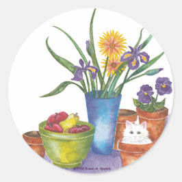 Witte Kat Fruit Flowers Waterverf "Liliana" Ronde Sticker