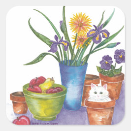 Witte Kat Fruit Flowers Waterverf "Liliana" Vierkante Sticker