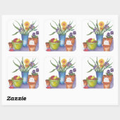 Witte Kat Fruit Flowers Waterverf "Liliana" Vierkante Sticker (Vel)