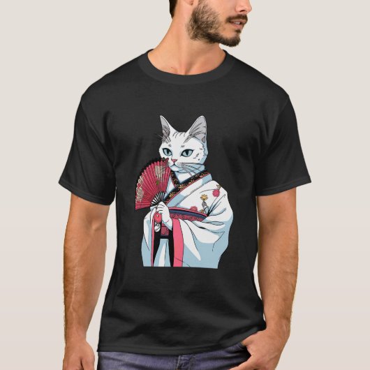 Witte Kat Geisha Grappig Huisdier Kimono T-shirt (Voorkant)