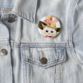 Witte kat glimlachen met Pet Ronde Button 5,7 Cm (In situ)