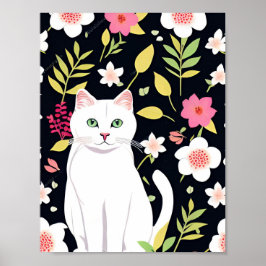 Witte kat glimlacht in de vorm van bloemen naadloo poster
