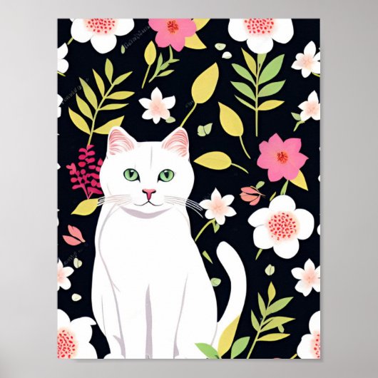 Witte kat glimlacht in de vorm van bloemen naadloo poster (Voorkant)