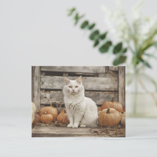 Witte Kat  Herfst Pompoenen Briefkaart (Staand voorkant)
