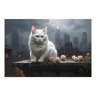 Witte kat hoog op het dak foto afdruk
