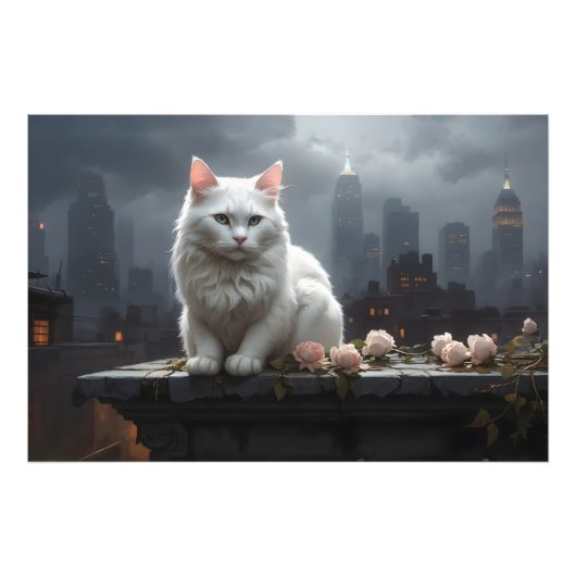 Witte kat hoog op het dak foto afdruk (Voorkant)