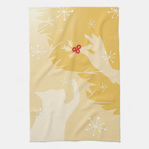Witte kat & hulst, goud, theedoek