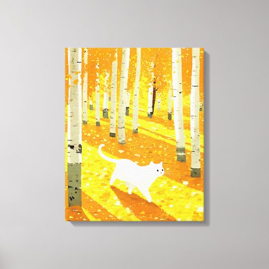 Witte kat in Aspen Forest Illustratie Kunst Canvas Afdruk (Voorkant)