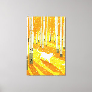 Witte kat in Aspen Forest Illustratie Kunst Canvas Afdruk