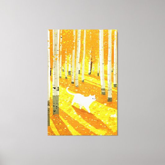 Witte kat in Aspen Forest Illustratie Kunst Canvas Afdruk (Voorkant)