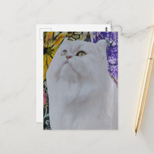 Witte kat in bloemen collage briefkaart