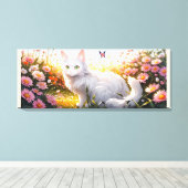 Witte Kat in Bloemengebied AI Kunst Canvas Afdruk (Insitu (Houten vloer))