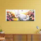 Witte Kat in Bloemengebied AI Kunst Canvas Afdruk (Insitu (Woonkamer))