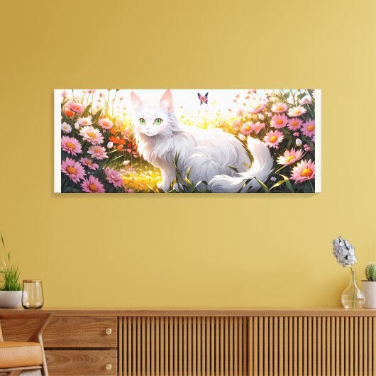 Witte Kat in Bloemengebied AI Kunst Canvas Afdruk (Insitu (Woonkamer))