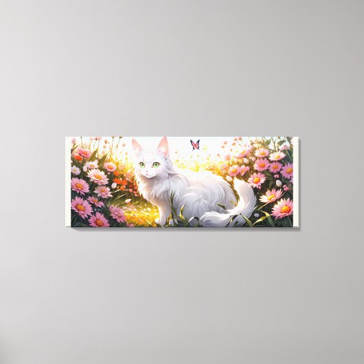 Witte Kat in Bloemengebied AI Kunst Canvas Afdruk (Voorkant)