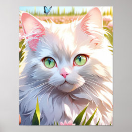 Witte Kat in Bloemengebied AI Kunst Poster