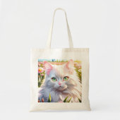 Witte Kat in Bloemengebied AI Kunst Tote Bag (Voorkant)