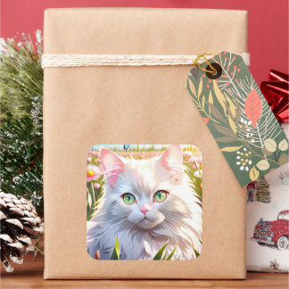 Witte Kat in Bloemengebied AI Kunst Vierkante Sticker