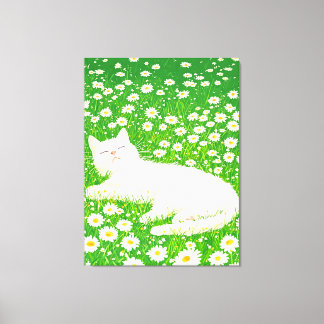 Witte kat in Daisies Field Illustratie Kunst Canvas Afdruk