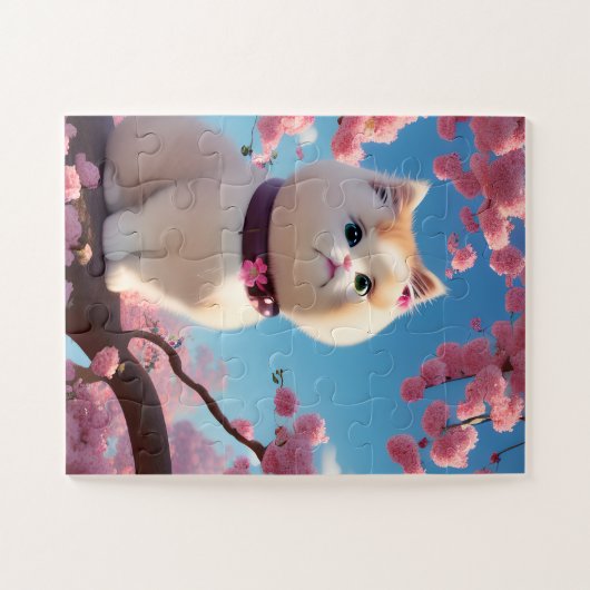 Witte kat in de lente legpuzzel (Horizontaal)