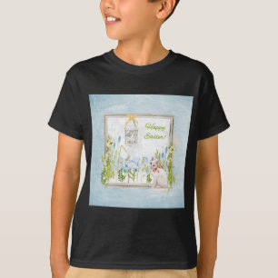 Witte kat in de Vloertuin die vogel op kooi ziet T-shirt