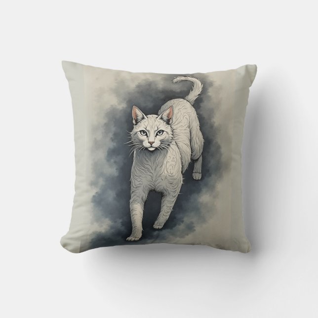 Witte kat in een Chinese inkttekenstijl Kussen (Voorkant)