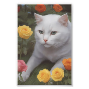 Witte kat in een kleurrijke rozentuin foto afdruk