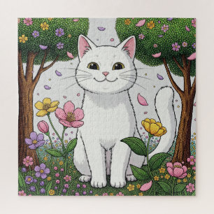 Witte kat in een kleurrijke tuin legpuzzel