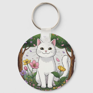 Witte kat in een kleurrijke tuin sleutelhanger