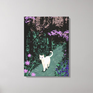 Witte kat in een oud bos canvas afdruk