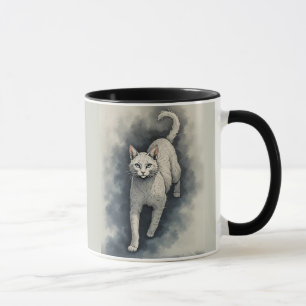 Witte kat in een stijl van Chinese inkttekening Mok