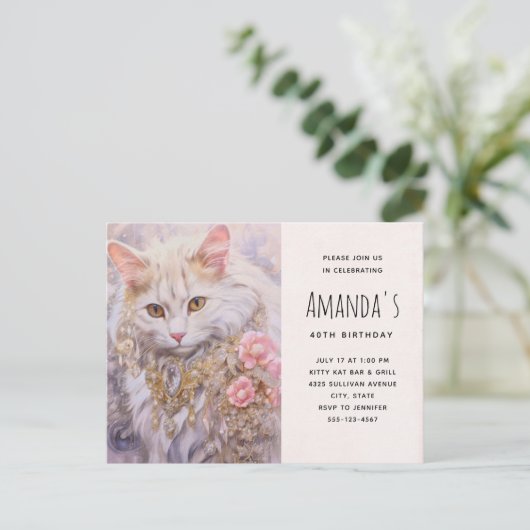 Witte Kat in Goud en Diamanten Uitnodiging Verjaar (Staand voorkant)